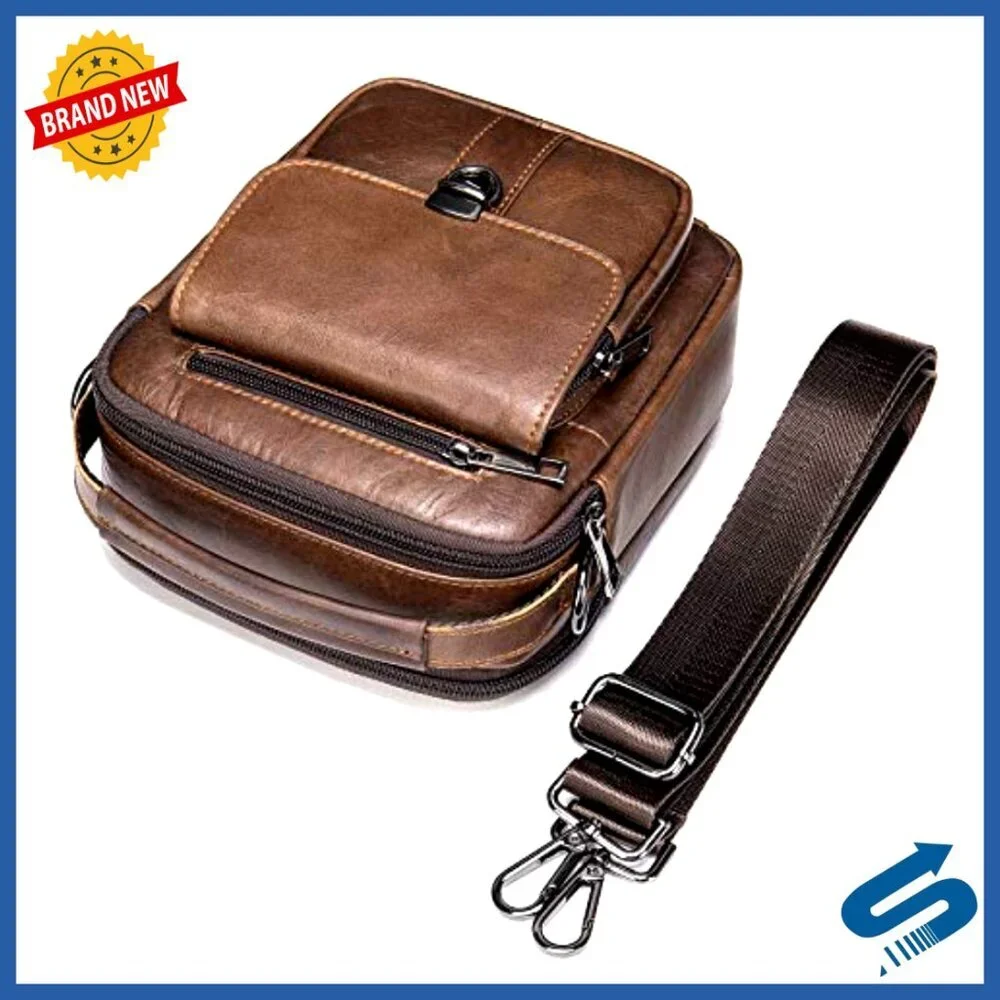 Mini Genuine Leather Messenger Bag with 5 Zipper Pockets for Men